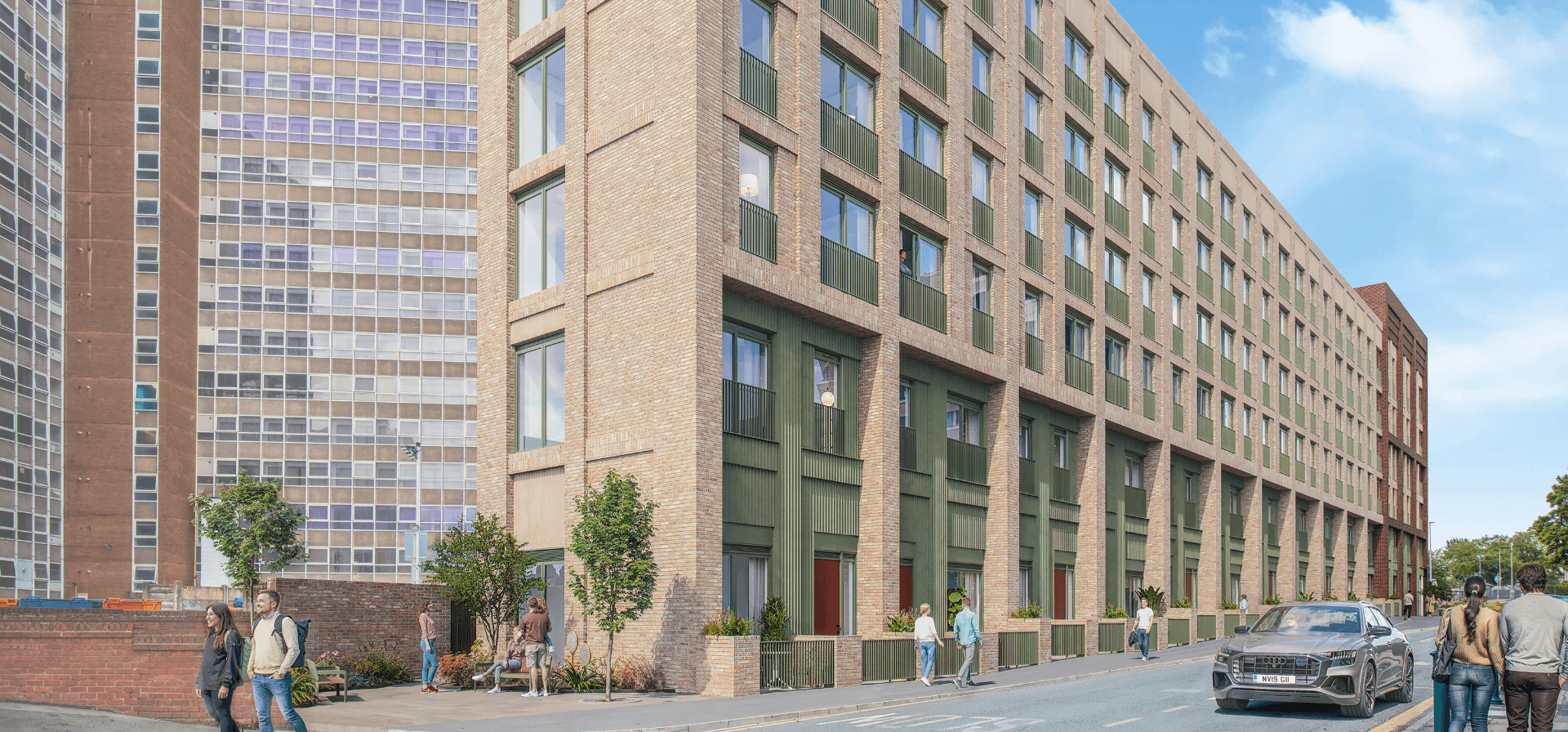 CGI of One Albert Street in Eccles, featuring the property and people walking around the area, BTR Proposition