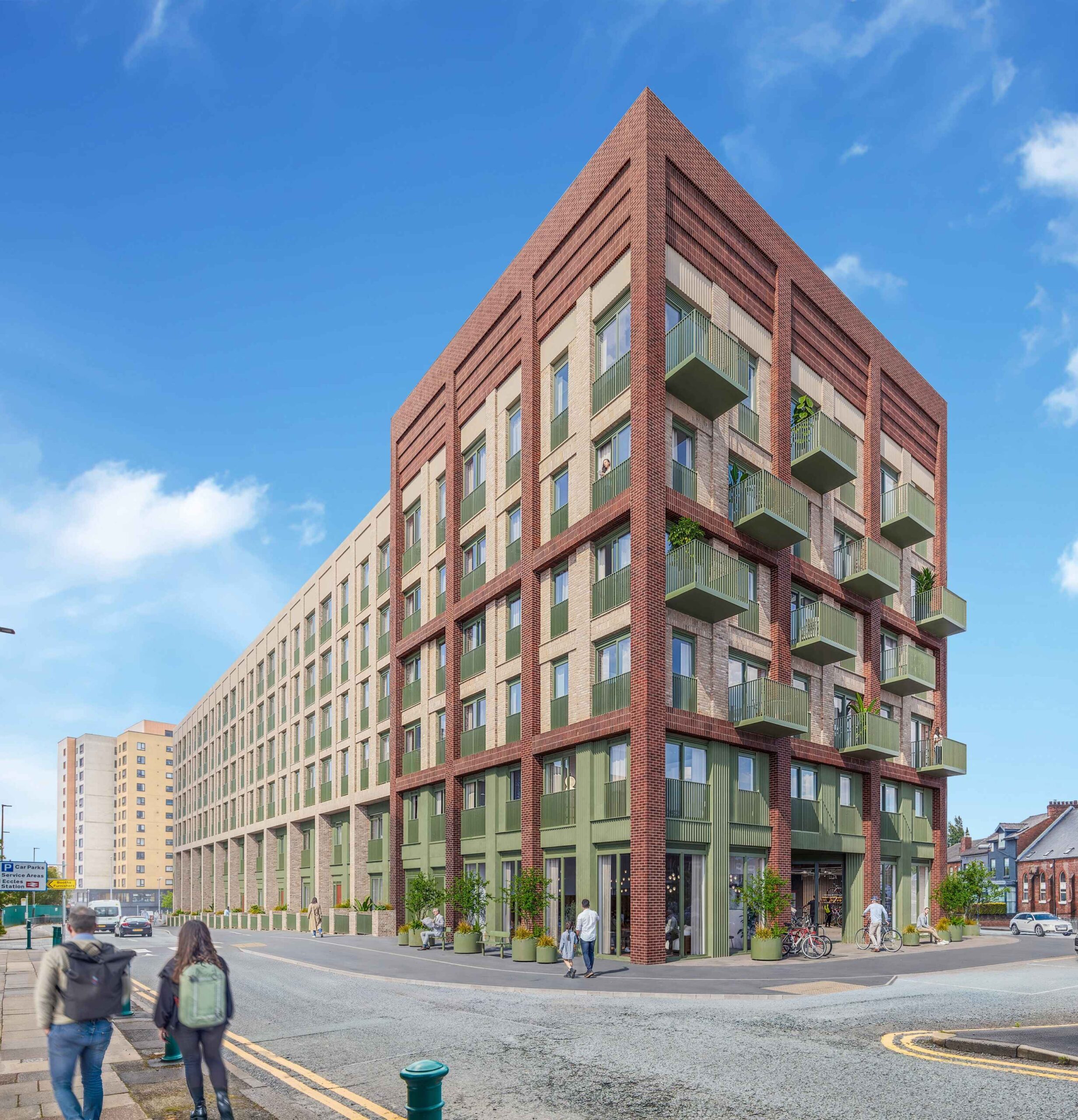 CGI of One Albert Street in Eccles, featuring the property and people walking around the area, BTR Proposition