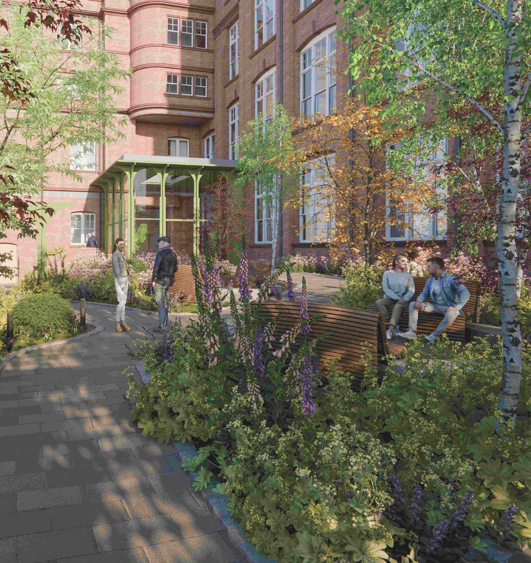 CGI of people sitting in a garden at Shena Simon