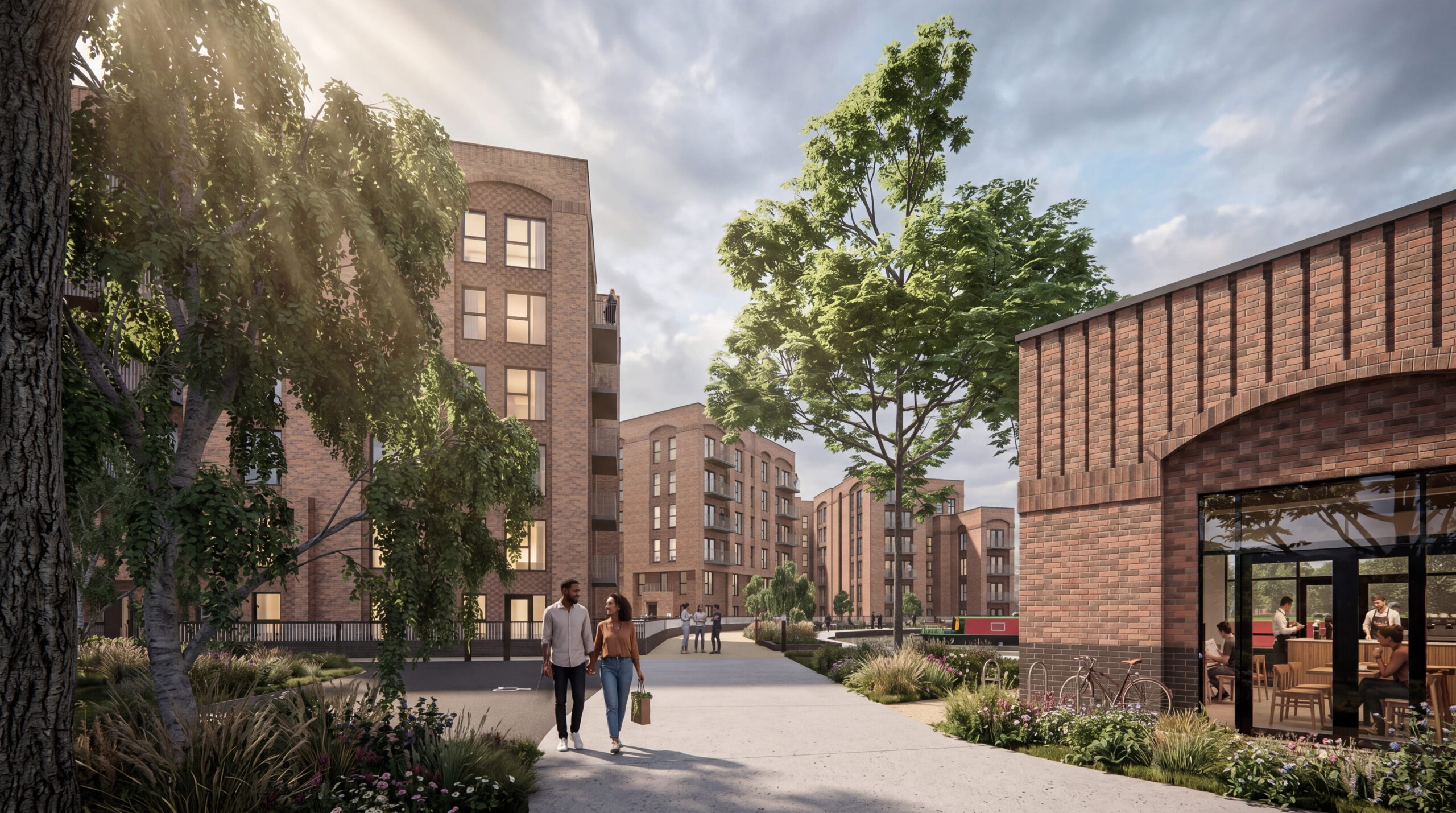 Architectural CGI of the landscaped pedestrian walkway at Droylsden Marina, featuring modern brick apartment blocks, mature green trees, and people walking.