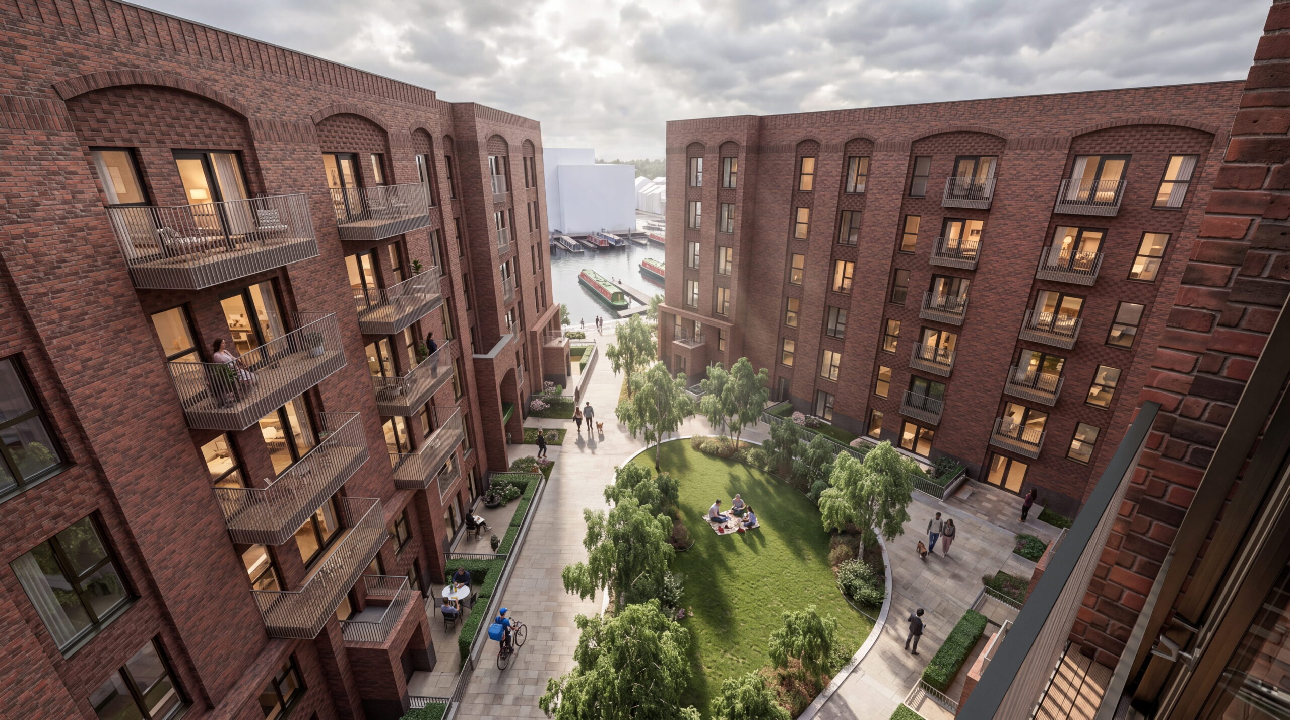 Elevated CGI view of the central green courtyard garden surrounded by multi-story brick apartment buildings with balconies at Droylsden Marina.