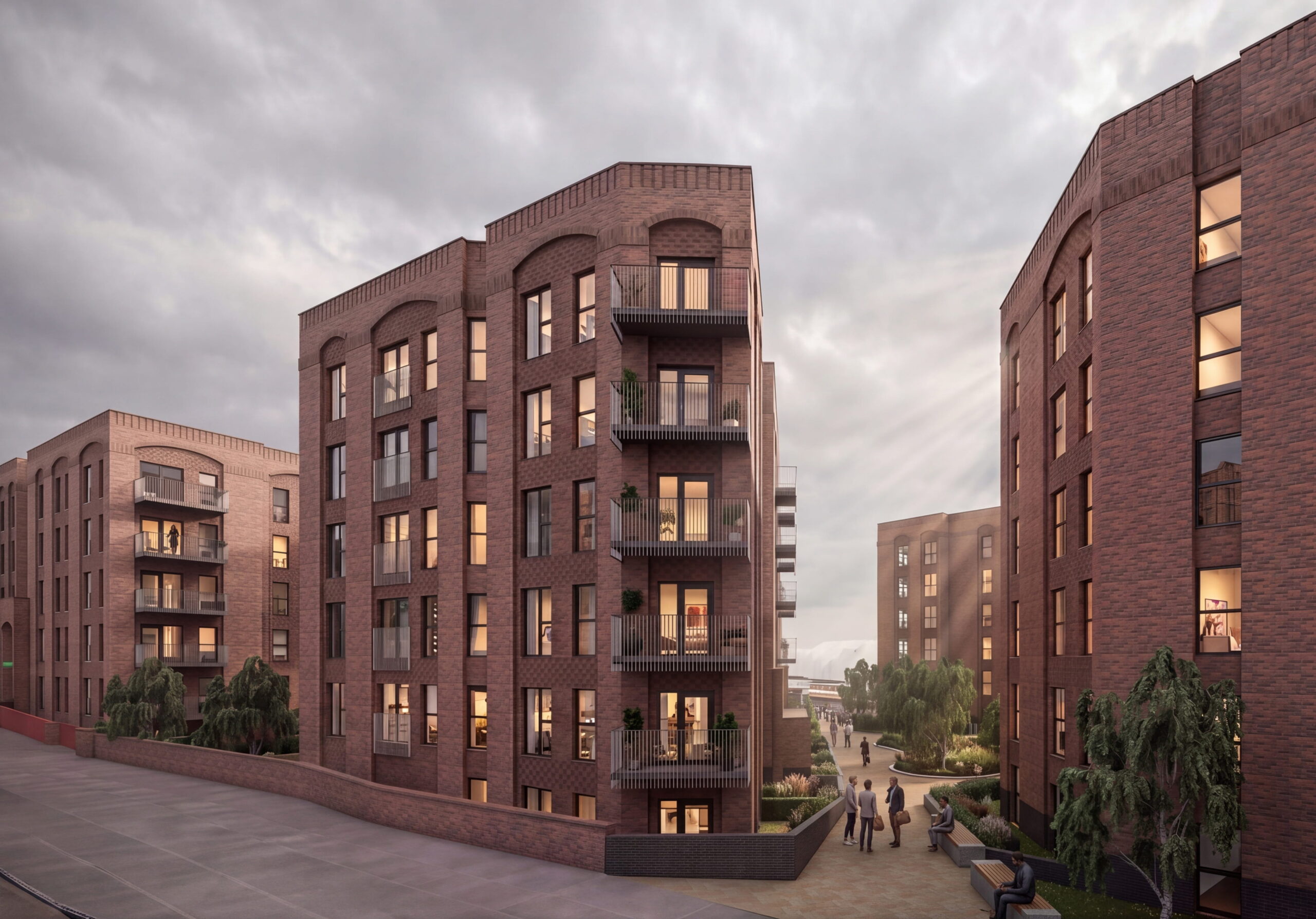 Street-level architectural rendering of Droylsden Marina residential blocks from Manchester Road, highlighting the brick facade design and balconies.